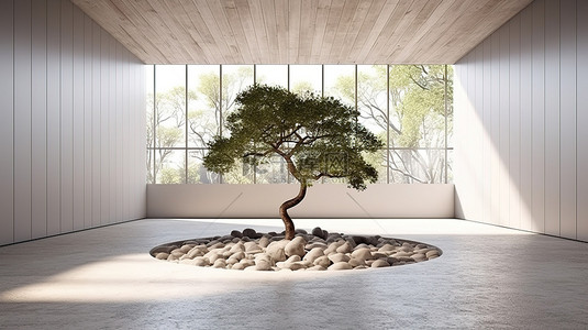 中心有卵石地板和树木的内部混凝土庭院的 3D 渲染