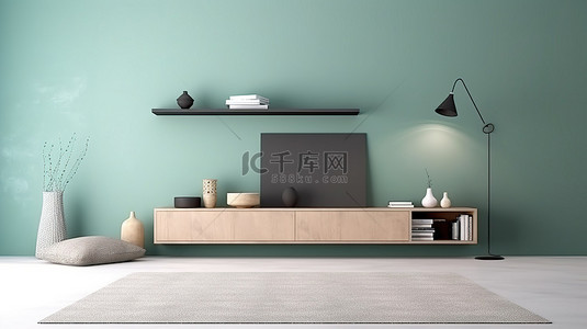 墙壁沙发背景图片_客厅内部模型与 3D 渲染低柜和地毯