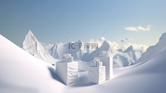 圣诞树雪花的背景图片_在 3D 渲染的雪山的宁静美景中的礼物