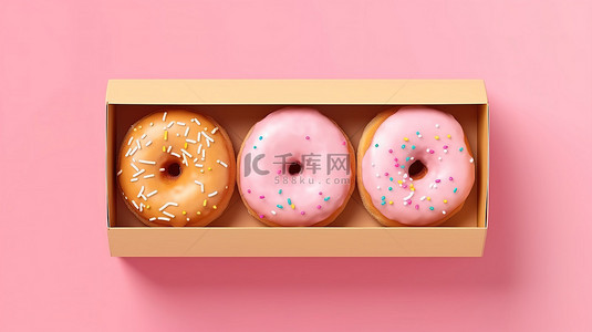 粉红音乐会背景图片_粉红色盒子中的大釉面甜甜圈，带有开放空间，适合您在 3D 创建的粉红色背景上进行设计