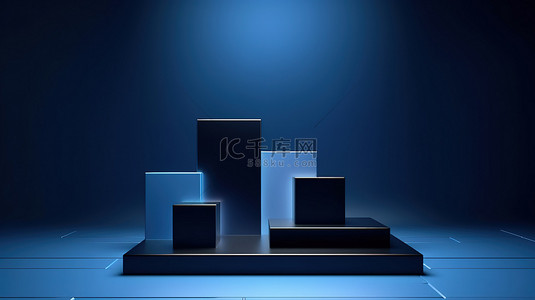 时尚奢侈品背景图片_简约的 3D 产品展示背景，讲台上有深蓝色抽象方块