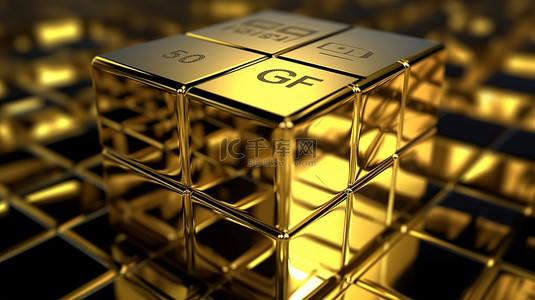 3d 渲染中的金色立方体，表面发光 5g 金块