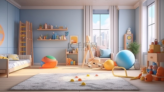公寓或家中儿童卧室和舒适生活空间的 3D 渲染