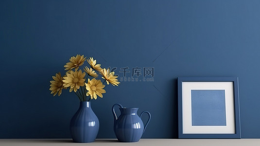 螺狮粉包装样机背景图片_深蓝色背景下花卉和植物相框样机的 3D 渲染