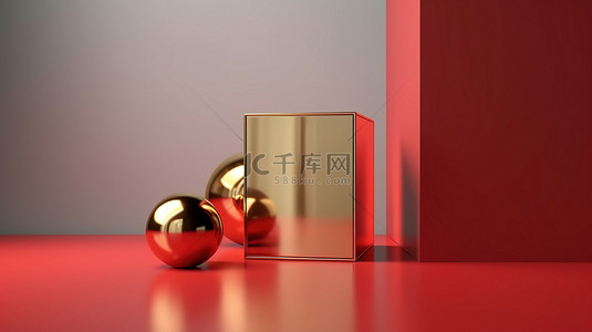 化妆品文字背景图片_现代简约设计的金色和红色球立方体，带有 3D 渲染文字，非常适合促销和化妆品产品展示