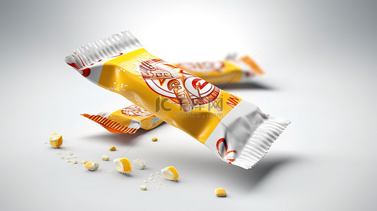 食品袋样机背景图片_带飞行糖果包装的白色聚乙烯包装小吃店的 3D 插图