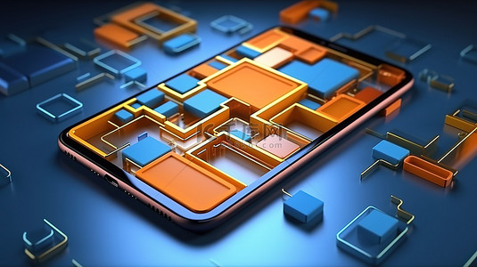 橙色和蓝色智能手机技术概念3D渲染中的几何平台抽象