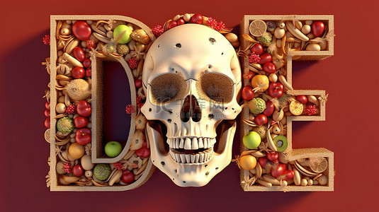 饮食排版背景图片_创建单词“饮食”的头骨字体的 3D 渲染