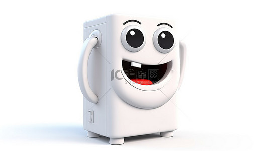 洗衣工背景图片_白色洗衣机吉祥物，具有现代触感和可充电电池，在纯白色背景 3D 插图上