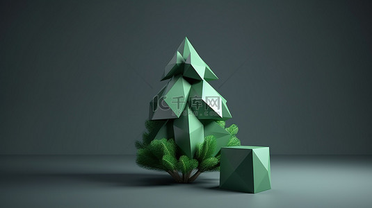 绿色圣诞树中的低多边形立方体盒，灰色背景上的 3d 渲染