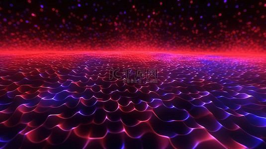 数字粒子背景图片_3d 渲染抽象背景红色和紫色数字粒子波穿过地板