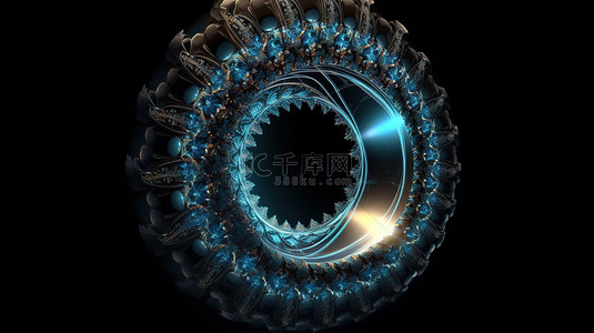 分形门户抽象蓝色金属圆形螺旋在孤立的黑色背景上的 3d 渲染