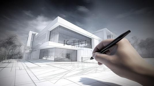 以 3D 渲染呈现的当代高档建筑项目的手绘草稿