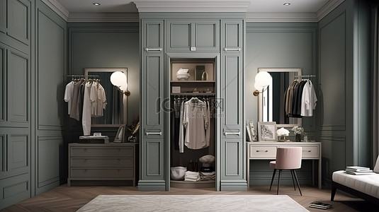 家居衣柜现代背景图片_3d 渲染的室内场景宽敞的更衣室，带 l 形衣柜和打开的前门