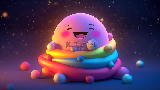 甜蜜的摇篮曲彩虹星球在夜空中微笑垂直 3D 渲染图像