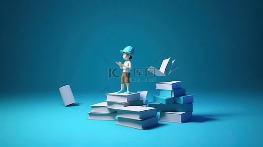男孩子背景图片_标题学习冒险 3d 书和蓝色背景的孩子
