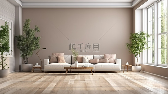 简约现代家居背景图片_现代客厅的 3D 渲染，配有简约的墙壁和木地板上的沙发