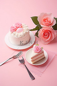 坐着人背景图片_粉色背景上坐着一个带玫瑰和叉子的蛋糕