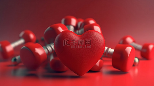 医疗插画背景背景图片_心脏和哑铃的 3D 渲染，适合健康的生活方式