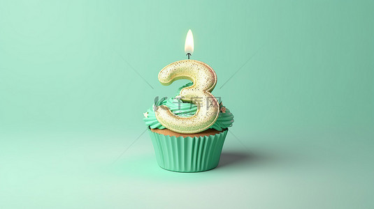 祝福蜡烛背景图片_带有 3 号礼帽的薄荷绿生日蛋糕的 3D 渲染