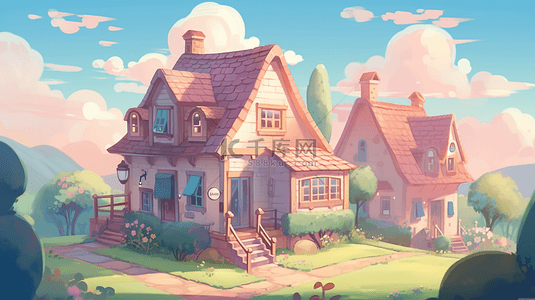草坪云朵粉色的房子插画