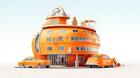 背景大楼背景图片_3D 渲染白色背景，设有现代橙色酒店建筑街道和卡通汽车