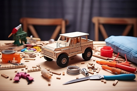 桌子上的玩具工具和胶水工艺品