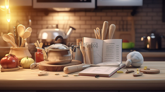厨师卡通背景图片_烹饪教育背景启发学习厨师帽和工具 3D 渲染插图