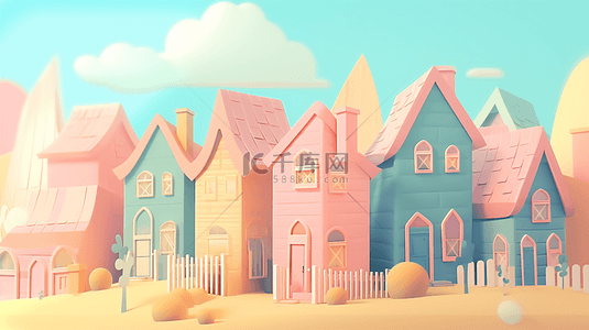 城堡卡通背景图片_云朵彩色小屋建筑卡通房子背景