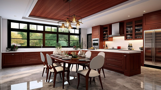豪华晚餐背景图片_优雅的厨房和用餐区，配有豪华家居 3D 渲染中的樱桃木橱柜