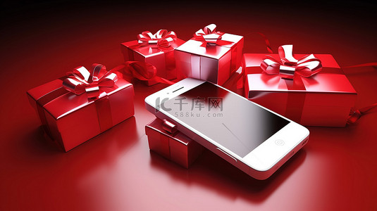 在 3d 渲染中带有红色和白色礼品盒的智能手机