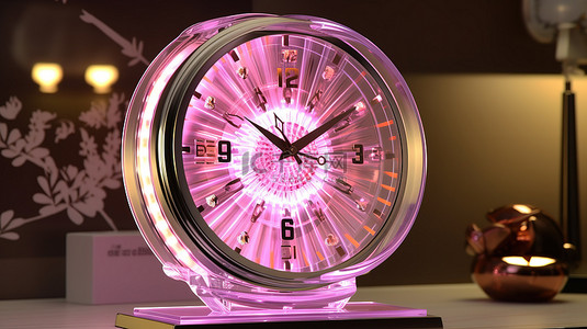 背光粉色 3D 时钟显示上午 7 点 45 分，带银针和表盘灯