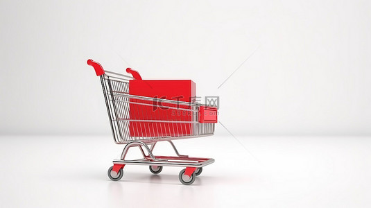 红色的手推车背景图片_3D 渲染的销售标志为红色，白色背景上有购物车