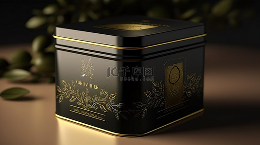 橄榄油包装 3D 渲染黑色锡罐样机盒，金属饰面