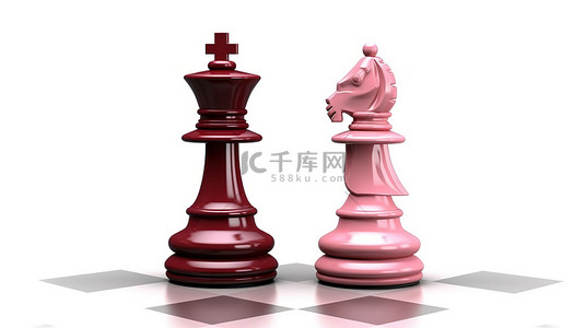 胜利的 3d 国际象棋皇后在孤立的白色背景中征服国王
