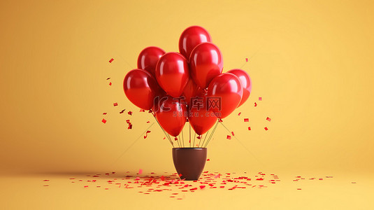 充满活力的新年庆祝活动，黄色混凝土背景上的红色气球3D插图渲染水平横幅