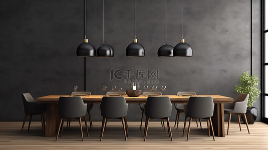 八背景图片_现代餐厅的 3D 渲染，配有长桌和八把椅子，配有海报模型