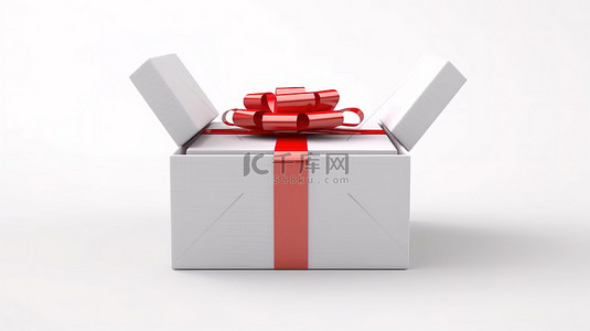 打开空礼盒背景图片_3D 渲染一个空礼品盒的模型，红丝带放置在白色背景上以进行隔离