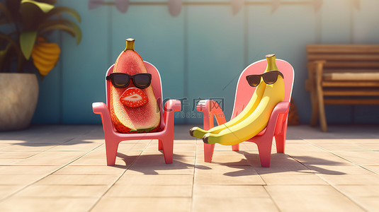 寒冷的水果香蕉和草莓戴上太阳镜在 3d 的户外椅子上放松