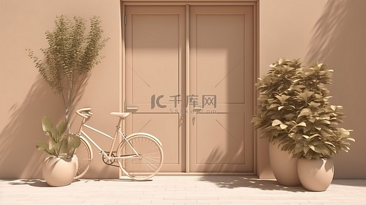 单色柔和米色 3D 渲染，具有自行车和植物概念，门上有遮阳伞的阴影