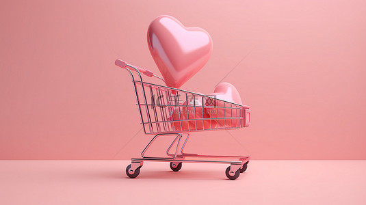 情人节背景图片_情人节销售概念最小的粉红色购物车，带有心形漂浮物，以 3D 呈现，隔离在柔和的背景上