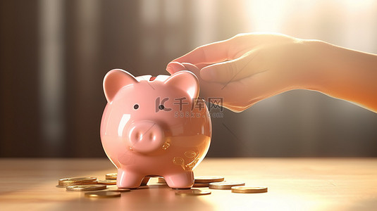 手上装满硬币的存钱罐的 3D 插图，代表接受银行贷款的概念