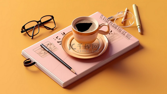 卡通键盘桌子背景图片_时间管理要点时钟眼镜笔记本和咖啡在 3D 渲染