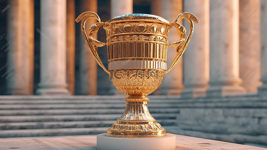 希腊风格的古董柱，带有 3D 金色奖杯