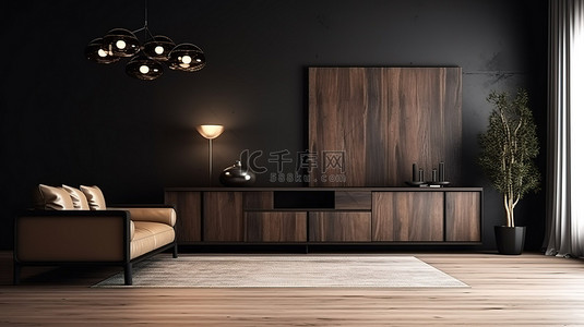 精致的客厅，采用奢华的家居内饰，配有优雅的木质控制台 3D 渲染