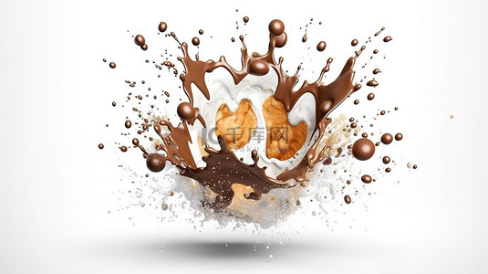 牛奶滴下背景图片_白色背景下牛奶和巧克力爆炸的 3d 渲染