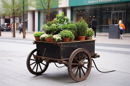 在背景图片_一辆老式旧花园推车坐在城市人行道上