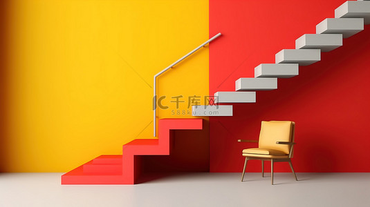 极简主义 3D 渲染抽象几何形状，带红色楼梯和黄色椅子