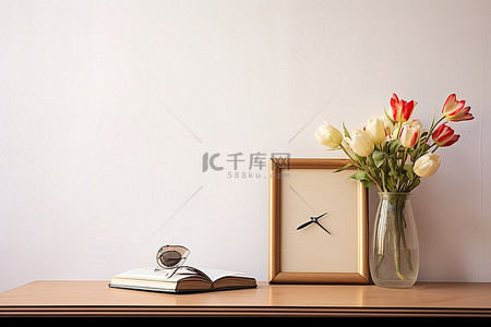 桌子上的背景图片_空桌子上的一本书和闹钟
