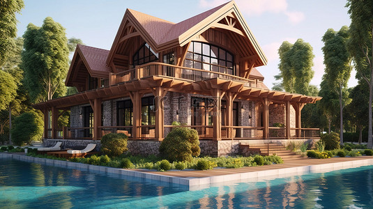 令人惊叹的 3D 插图展示了一座带游泳池和令人惊叹的风景的豪华木屋